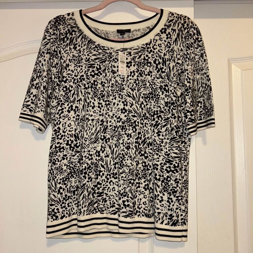 NWT Talbots black white animal print elbow short sleeve sweater top woman's XLP